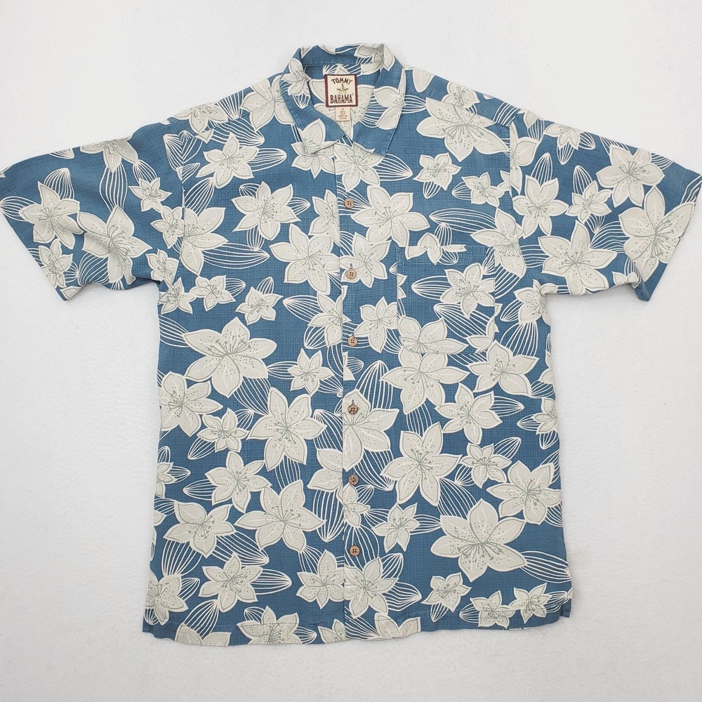 Tommy Bahama Shirt Mens Small Blue Silk Hawaiian Camp Short Sleeve Button Front